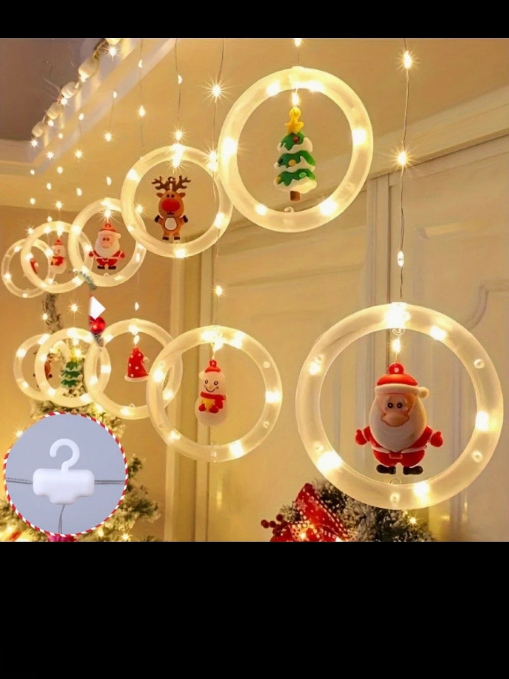LED Christmas Ornament Ring Lights with Santa & Holiday Charms - White